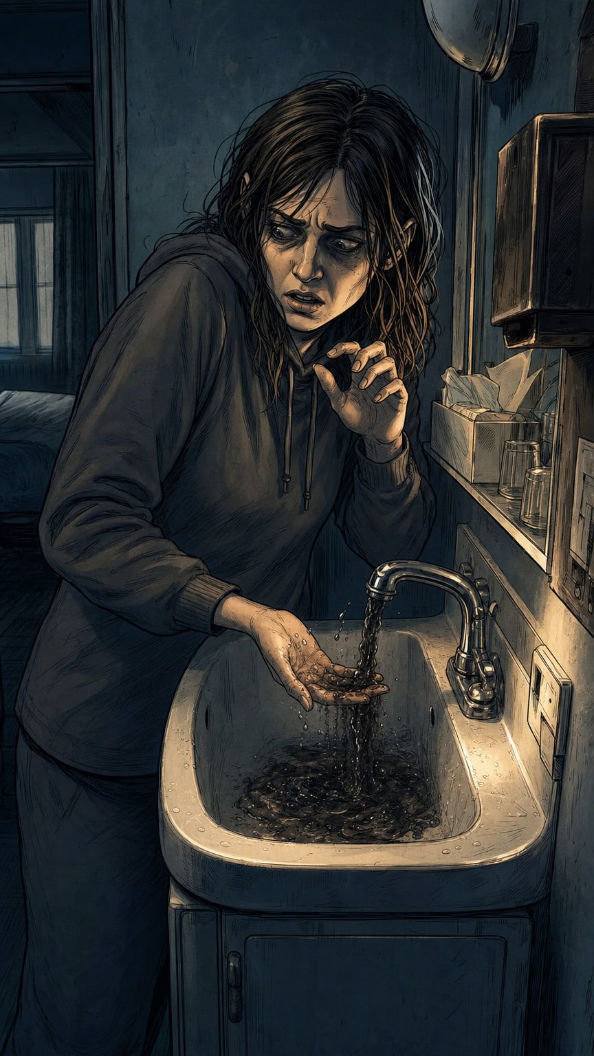 Illustration from the episode: dark water sink, Elisa Lam: The Cecil Hotel Water Tank Mystery