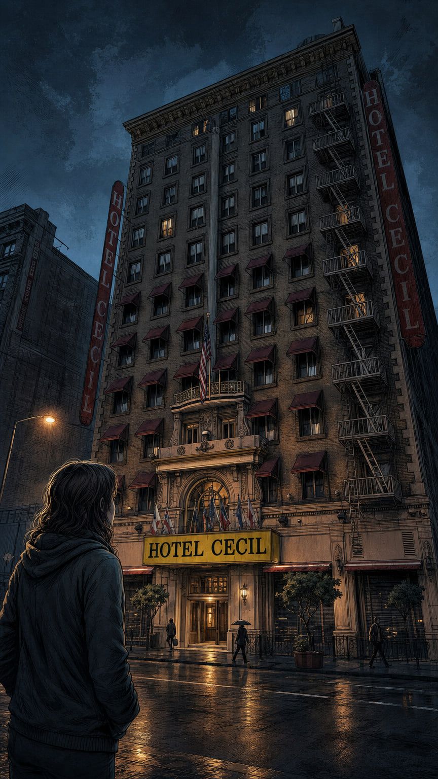 Illustration from the episode: cecil exterior establishing, Elisa Lam: The Cecil Hotel Water Tank Mystery