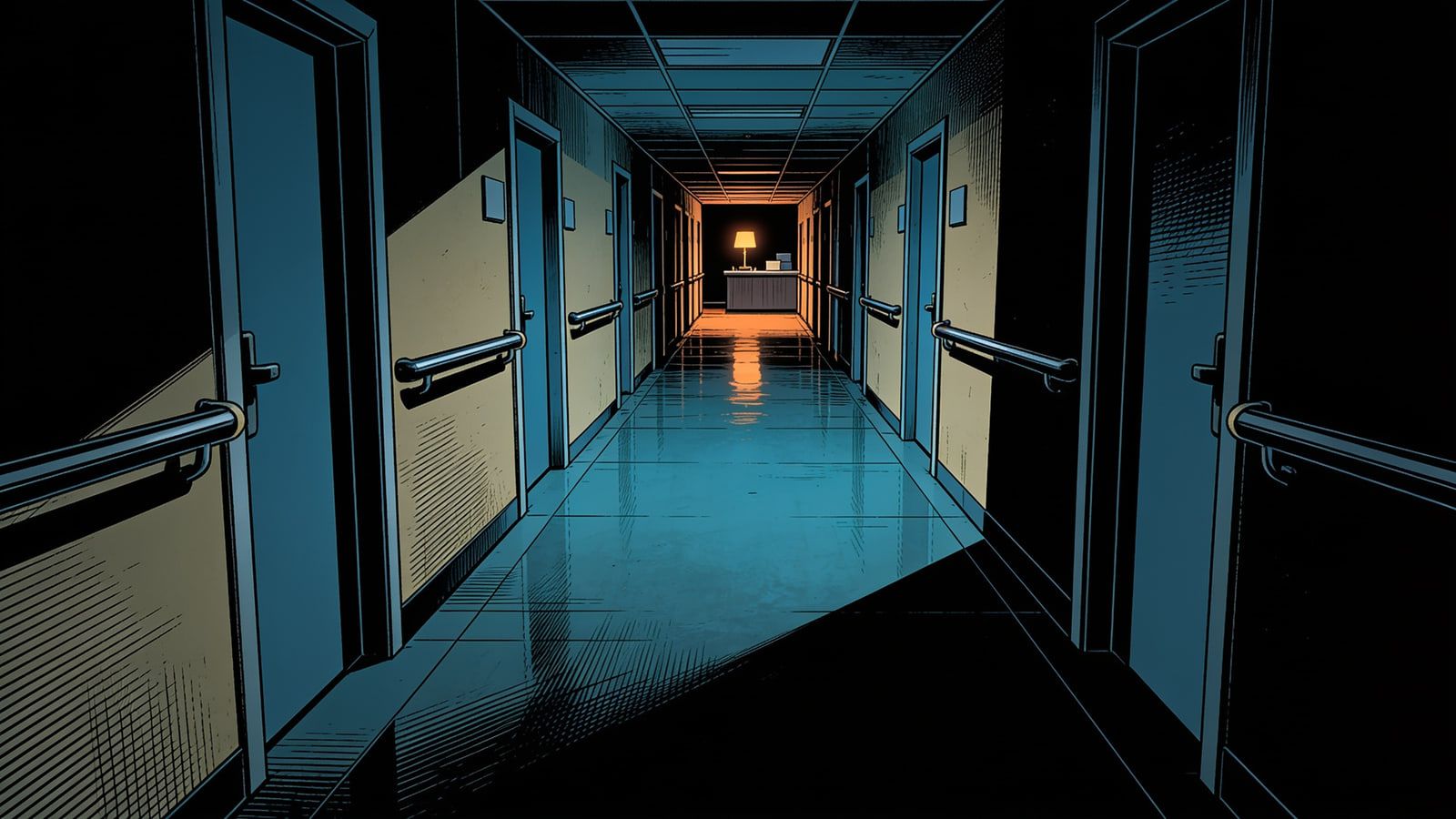 Illustration: an empty nursing home hallway at night, doors closed on both sides, one lamp lit at the nurses' station at the far end